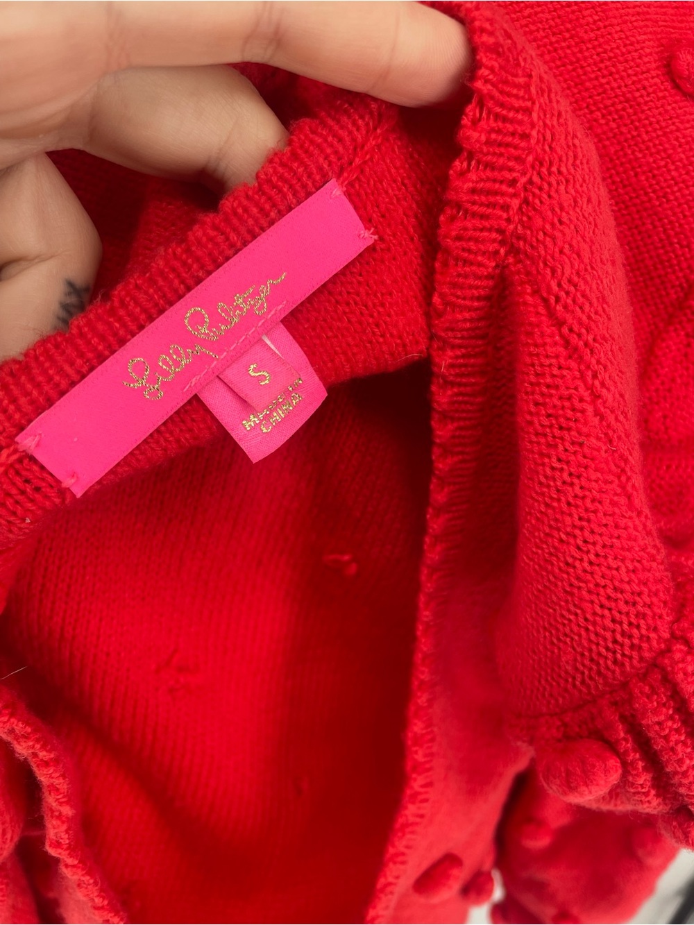 Lilly Pulitzer Red Pom Pom Knit Sweater Dress Puffy Long Sleeves Fitted Cuffs - Picture 6 of 9